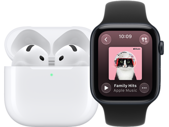 AirPods 4, microphone, in MagSafe Charging Case, open, rounded corners, green charge indicator light, Apple Watch SE 3, aluminium case, midnight colour, Apple Music app, now playing screen, midnight Sport Band