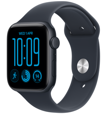 Apple Watch SE 3, aluminium case, midnight colour, Flux watch face, right side exterior, Digital Crown, microphone, side button, midnight Sport Band, silver pin-and-tuck closure