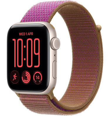 Apple Watch SE 3, aluminium case, starlight colour, Flux watch face, right side exterior, Digital Crown, microphone, side button, Sport Loop band, bright guava colour (hot pink with lavender edging), hook-and-loop fastener