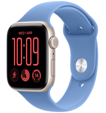 Apple Watch SE 3, aluminium case, starlight colour, Flux watch face, right side exterior, Digital Crown, microphone, side button, starlight Sport Band, silver pin-and-tuck closure