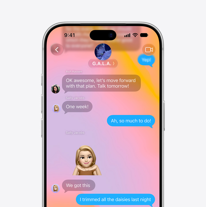 iPhone screen open to Messages app. Screen shows text conversation between two people that includes a Memoji.