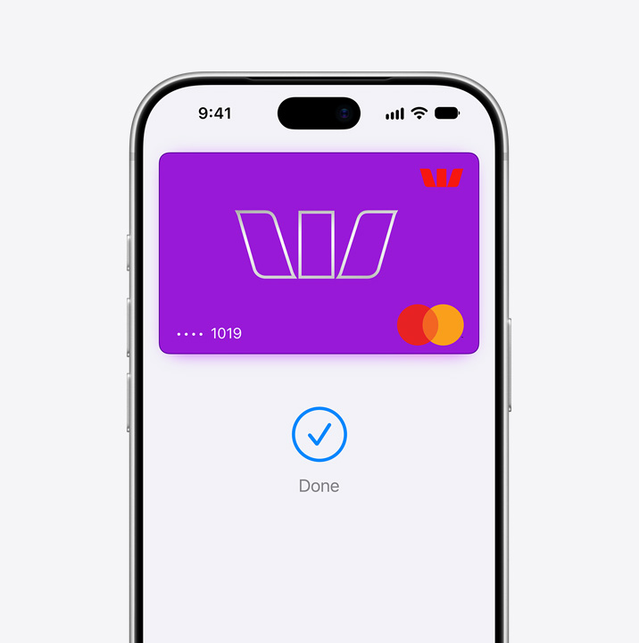 Partial iPhone screen display, showing a credit card being used in Apple Pay