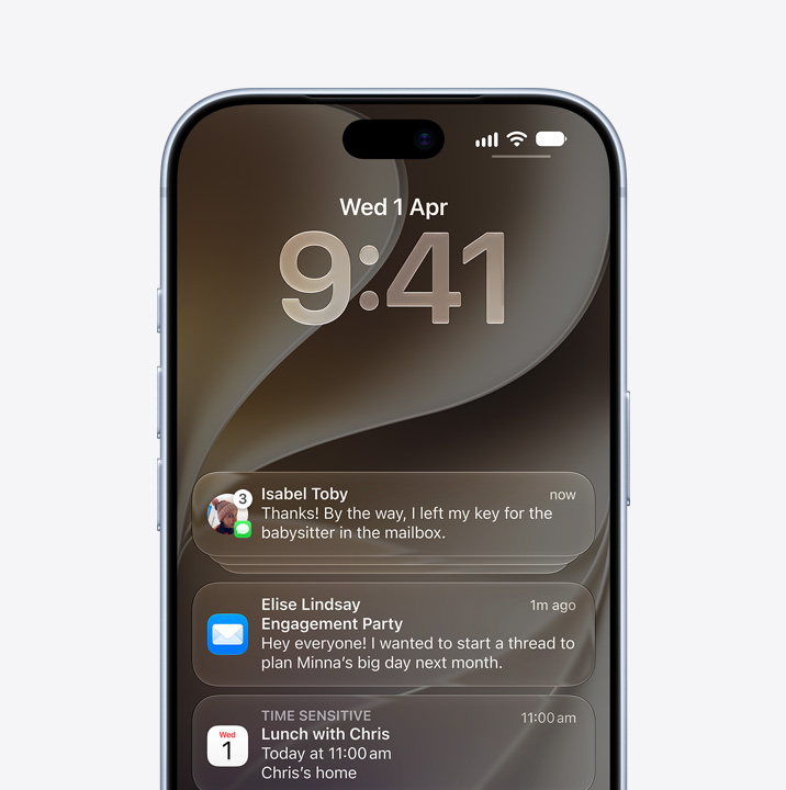 iPhone 18 Pro, front exterior, Messages, Mail and Calendar app notifications on locked screen