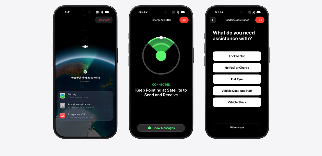 Three iPhone models side by side, display showing Messages, Find My, Roadside Assistance widgets available via Satellite, iPhone screen showing Emergency SOS in use, iPhone screen showing Roadside Assistance in use