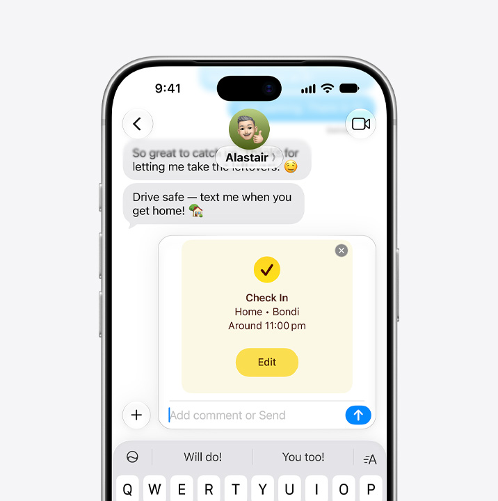 iPhone 18 Pro, front exterior, Messages app open with Check In feature notifying recipient that the sender has arrived home