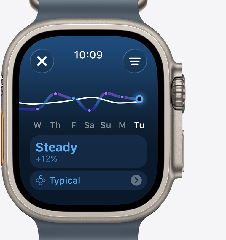 Apple Watch Ultra 3, titanium case, natural colour, training load screen indicates steady increase in training
