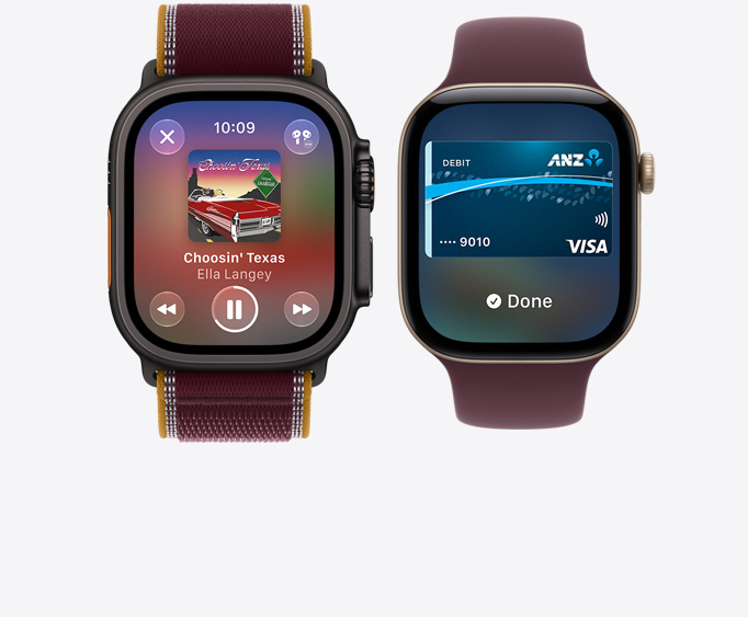 Apple Watch Ultra 4, titanium case, black colour Apple Music app, now playing screen, Trail Loop band, burgundy colour Apple Watch Series 12, aluminium case, light gold colour Apple Pay screen, Apple Card, Sport Loop band, burgundy color