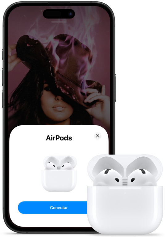 Um estojo de recarga aberto com os AirPods 5 dentro, ao lado de um iPhone mostrando que os AirPods 5 foram conectados.