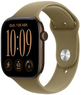 Apple Watch Series 12 com caixa bronze-escura de alumínio e pulseira esportiva oliva, mostrador Modular, complicações: dia e data, Exercícios, frequência cardíaca, Prontidão. Na lateral direita, a Digital Crown