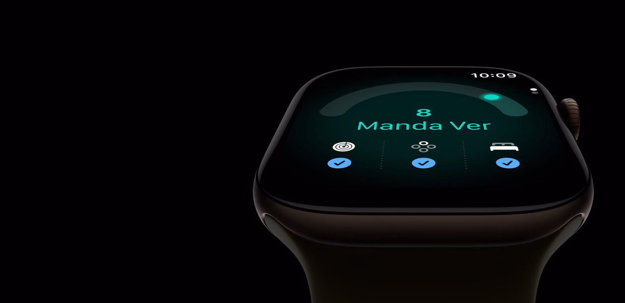 Apple Watch Series 12 com caixa bronze-escura de alumínio e pulseira esportiva oliva, pontuação de Prontidão de 8, Digital Crown no lado direito