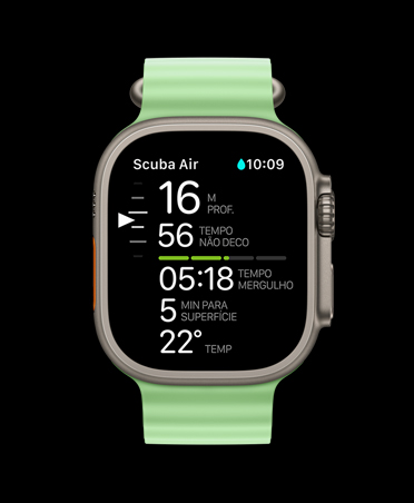 Apple Watch Ultra 3, caixa natural de titânio, métricas de mergulho do Oceanic+: profundidade, tempo de descompressão, tempo de mergulho, minutos para a superfície, temperatura da água, pulseira Oceano verde-néon