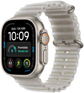 Apple Watch Ultra 4 com caixa natural de titânio, mostrador digital, complicações: Prontidão, Batimentos, Exercícios, Temperatura, lateral direita, Digital Crown, botão lateral elevado, pulseira Oceano cinza-translúcida