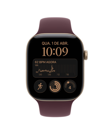 Apple Watch Series 12 com caixa dourada-clara de alumínio, app Batimentos, média de VFC de 72 ms, pulseira esportiva bordô