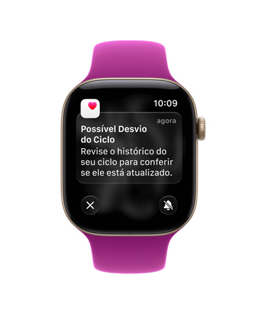 Apple Watch Series 12 com caixa dourada-clara de alumínio, notificação de possível desvio de ciclo, pulseira esportiva magenta