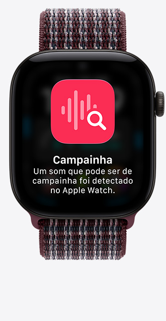 Apple Watch Series 12 com caixa preta de alumínio e pulseira loop esportiva tartã bordô. A tela mostra conversas fixadas