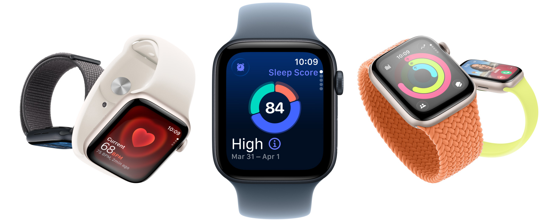 Apple Watch SE 3 with aluminum cases available in starlight and midnight colours, featuring apps such as Vitals, Heart Rate, sleep score, Activity rings and incoming call