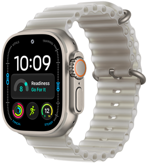 Apple Watch Ultra 4, titanium case, natural colour, digital clock face, complications: day and date, readiness, heart rate, Workouts, temperature, right side exterior, Digital Crown, raised side button, Ocean Band, translucent grey colour