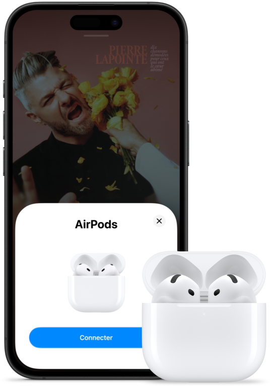 AirPods 5 dans un étui de recharge ouvert, à côté d’un iPhone sur lequel on voit que les AirPods 5 ont été connectés.