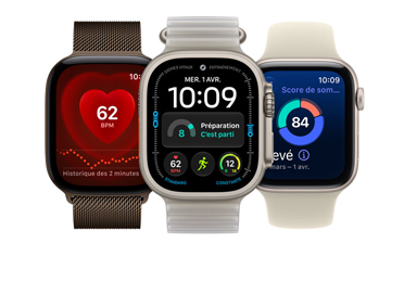 Three Apple Watch devices: Apple Watch Series 12, aluminum case, dark bronze color, Heart Rate app, dark bronze color Milanese Loop band, Apple Watch Ultra 4, titanium case, natural color, Modular watch face with readiness, heart rate, Workouts, and UV Index complications, right side exterior, Digital Crown, raised side button, translucent kelp color Ocean Band, Apple Watch SE 3, aluminum case, starlight color, sleep score, right side exterior, Digital Crown, sand color Sport Band