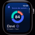Apple Watch Series 12, aluminum case, space gray color, sleep score circle graph, right side exterior, Digital Crown