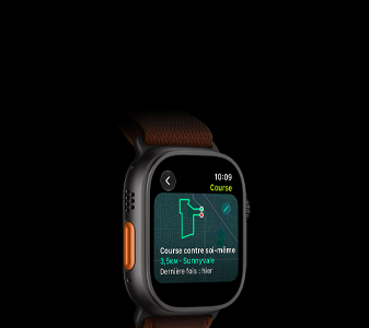 Apple Watch Ultra 4, titanium case, black color, Race Route feature with a map of a running route, left side exterior, Action button, Alpine Loop band, burgundy color