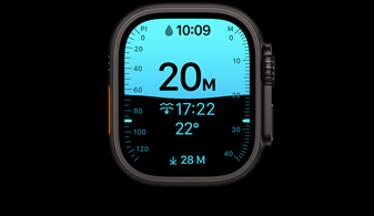 Apple Watch Ultra 4, boîtier en titane, couleur noir, app Profondeur affichant des données de plongée, côté droit, couronne Digital Crown, bouton latéral surélevé
