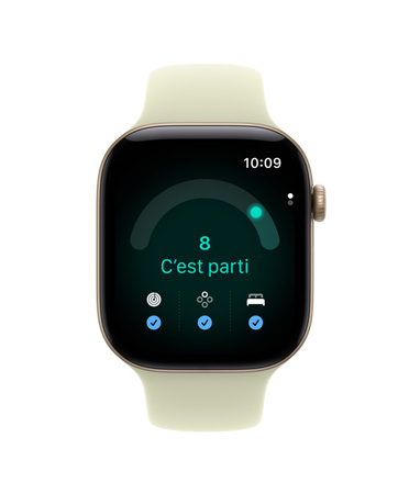 Apple Watch Series 12, boîtier en aluminium, couleur or clair, app Préparation affichant un score de préparation de 8, bracelet sport, couleur succulente pâle (jaune-vert pâle)