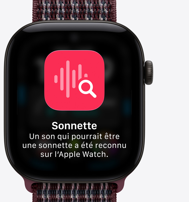 Apple Watch Series 12, boîtier en aluminium, couleur noir, écran avec des conversations épinglées, bracelet sport à rabat, couleur tartan bourgogne