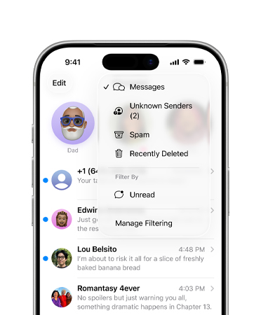 iPhone, top two-thirds only, screen shows Messages app with the new screening tools overlay menu feature