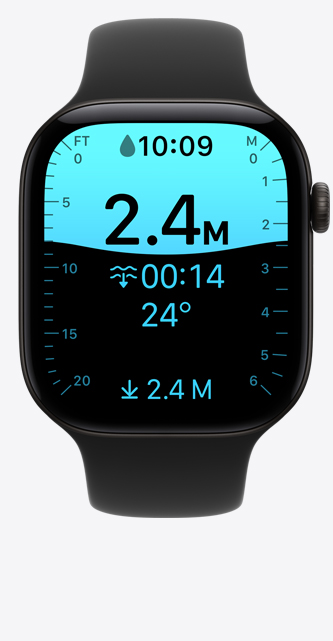 Apple Watch Series 12, aluminum case, black colour, Depth app screen, dive at 8 feet, Sport Band, black colour