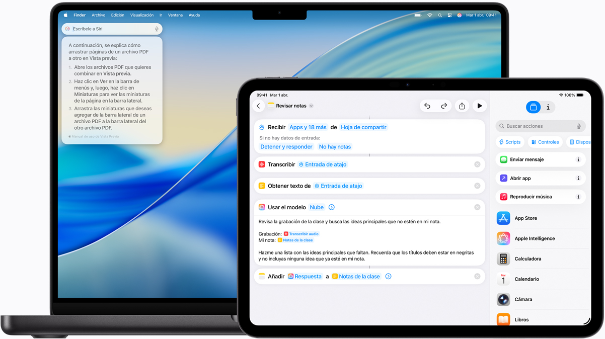 Un Mac muestra la funcionalidad Escríbele a Siri, y un iPad muestra un Atajo creado con Apple Intelligence.