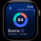 Apple Watch Series 12, caja de aluminio, color gris espacial, gráfica circular de Puntuación de Sueño, parte lateral derecha, Digital Crown