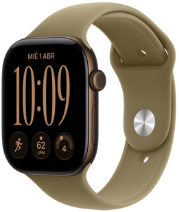 Apple Watch Series 12, caja de aluminio, color bronce oscuro, carátula Reloj Digital, complicaciones: día y fecha, Entrenamientos, frecuencia cardiaca, Disposición, correa deportiva, color oliva