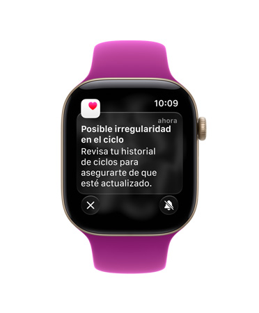 Apple Watch Series 12, caja de aluminio, color oro claro, notificación de posible alteración del ciclo, correa deportiva, color magenta