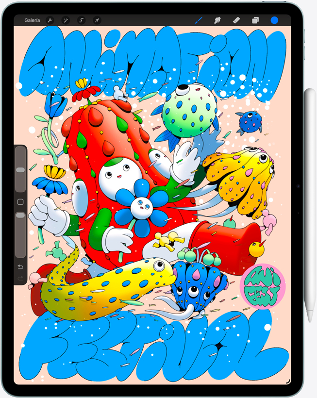 iPad Air, parte frontal, muestra la app Procreate, ilustración digital colorida con varios personajes y objetos