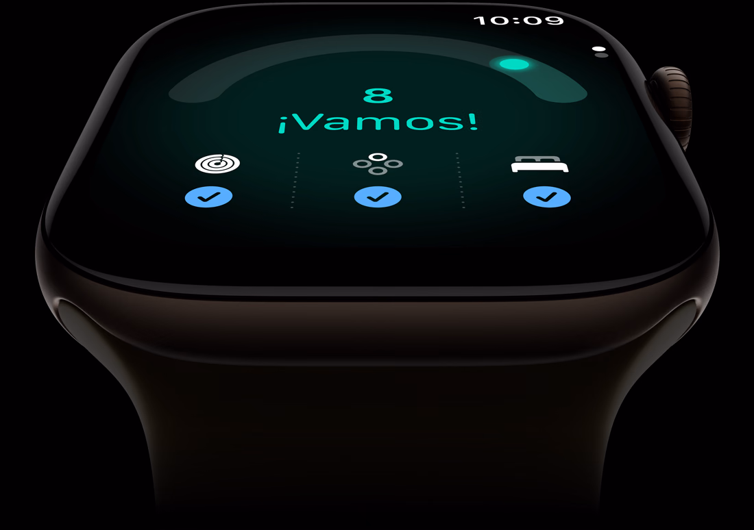 Apple Watch Series 12, caja de aluminio, color bronce oscuro, puntuación de Disposición de 8, parte lateral derecha, Digital Crown, correa deportiva, color oliva