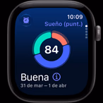 Apple Watch Series 12, caja de aluminio, color gris espacial, gráfica circular de Puntuación de Sueño, parte lateral derecha, Digital Crown