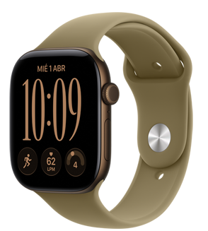 Apple Watch Series 12, caja de aluminio, color bronce oscuro, carátula Reloj Digital, complicaciones: día y fecha, Entrenamientos, frecuencia cardiaca, Disposición, correa deportiva, color oliva