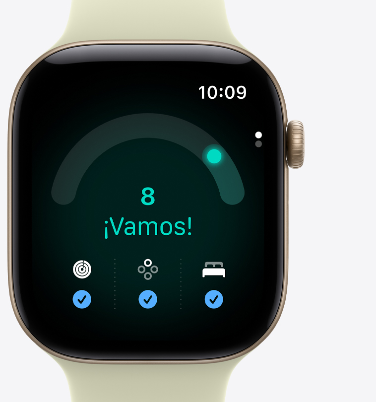 Apple Watch Series 12, caja de aluminio, color oro claro, app Disposición, puntaje de disposición de 8, mensaje que dice "Vamos", círculos de Actividad, signos vitales y datos de sueño con marcas de verificación azules en la parte inferior de la pantalla