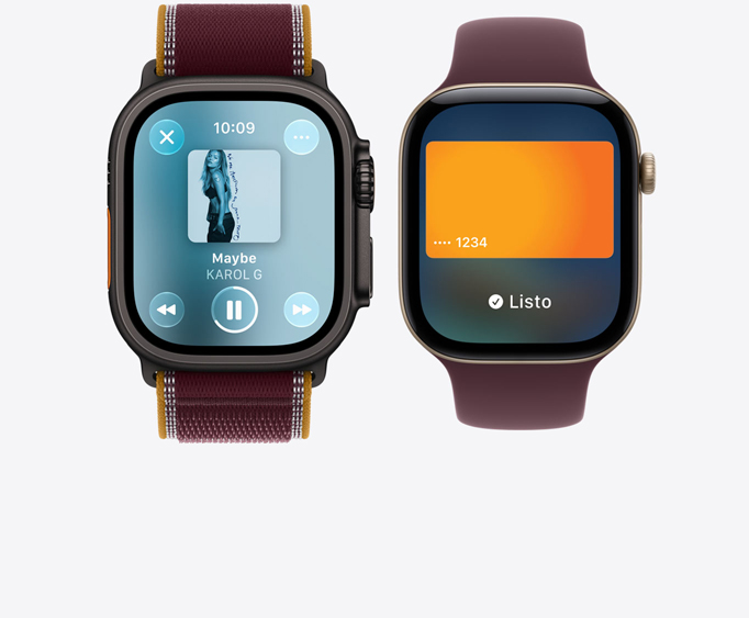 Apple Watch Ultra 4, caja de titanio, color negro, app Apple Music, pantalla Ahora Suena, correa Trail, color borgoña; Apple Watch Series 12, caja de aluminio, color oro claro, pantalla Apple Pay, correa loop deportiva, color borgoña