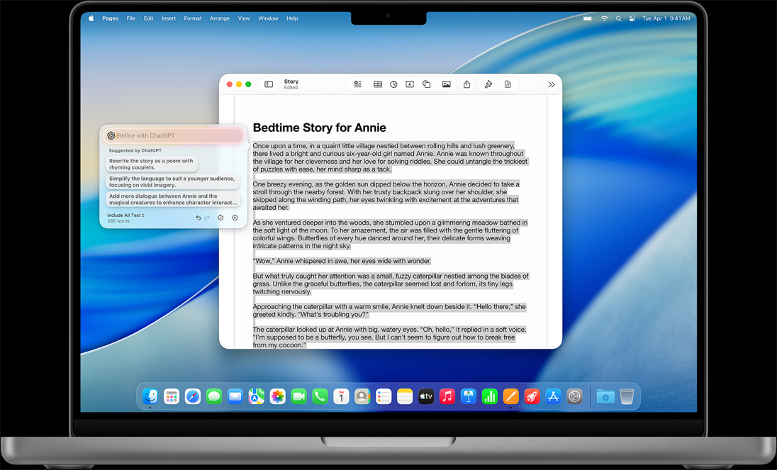 Funkce Vytvořit v nástrojích na psaní zobrazená na MacBooku