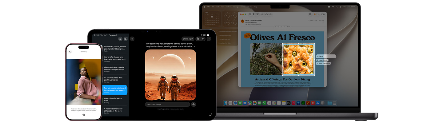 Tři produkty včetně stříbrného 14placového MacBooku Pro, na kterém je zapnutá funkce Oznámit, stříbrného 11palcového iPadu Pro, na kterém je otevřený Image Playground s obrázkem dvou astronautů vybraným ze seznamu na bočním panelu, a stříbrného iPhonu 17 Pro, na kterém je zobrazená ukázka úpravy fotky pomocí funkce Přerámovat s obrázkem osoby opřené o pult