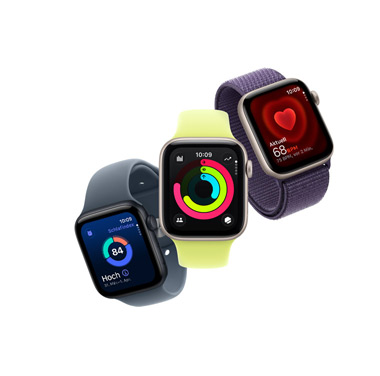 Eine Reihe von Apple Watch SE Geräten, die unterschiedlich ausgerichtet sind.