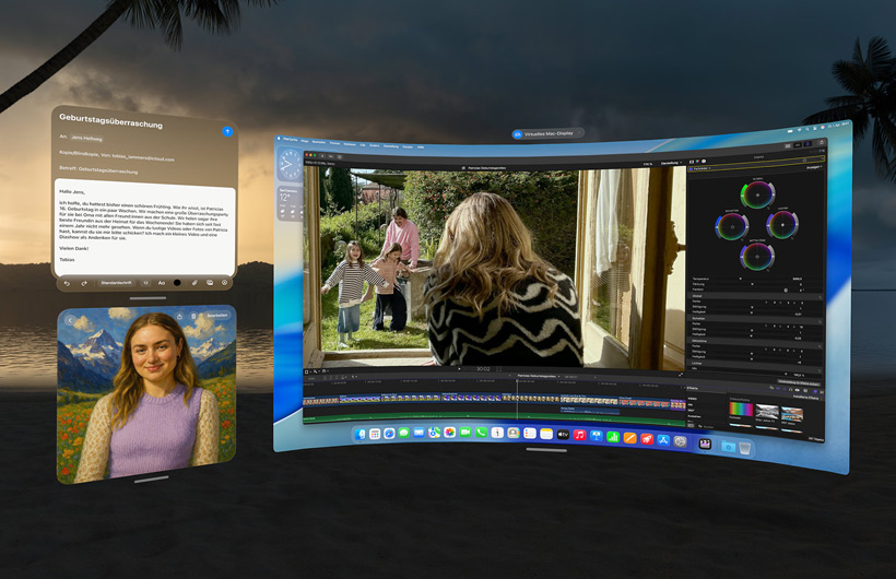 Mehrere App Fenster werden in einer Umgebung angezeigt, darunter Mail, Image Playground und das virtuelle Mac Display