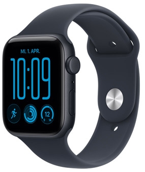 Apple Watch SE 3, aluminum case, midnight color, right side exterior, Digital Crown, microphone, side button, Sport Band, black color, pin-and-tuck closure (silver color pin)