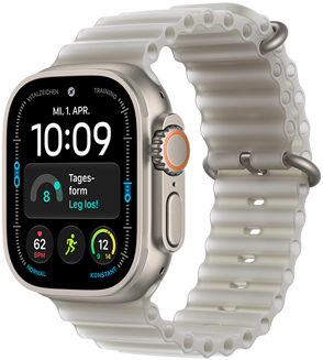 Apple Watch Ultra 4, Titangehäuse, Farbe Natur, Modular Zifferblatt, Komplikationen: Tag und Datum, Tagesform, Herzfrequenz, Lauftraining, Wetter, rechte Seitenansicht, Digital Crown, erhöhte Seitentaste, Ocean Armband, Farbe Halbtransparentes Grau