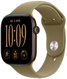 Apple Watch Series 12, Aluminiumgehäuse, Farbe Dunkelbronze, Modular Kompakt Zifferblatt, Komplikationen: Tag und Datum, Lauftraining, Herzfrequenz, Tagesform, rechte Seitenansicht, Digital Crown, Seitentaste, Sportarmband, Farbe Oliv