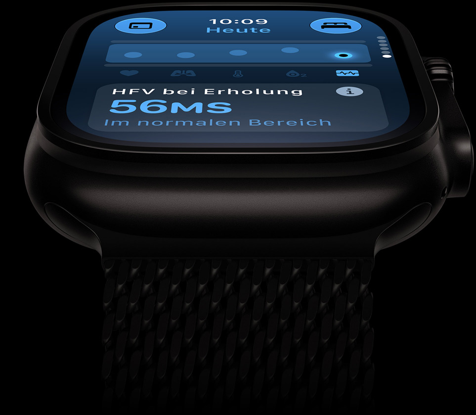 Apple Watch Ultra 4, titanium case, black color, HRV within typical range, titanium Milanese Loop band, black color