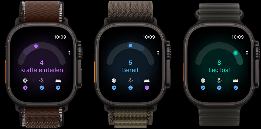 Drei Apple Watch Ultra 4 Geräte: Titangehäuse Schwarz, Tagesformwert 4, Trail Loop Armband in Dunkelumbra, Titangehäuse Schwarz, Tagesformwert 5, Alpine Loop Armband in Dunkeloliv, Titangehäuse Schwarz, Tagesformwert 8, Ocean Armband in Halbtransparentes Grau