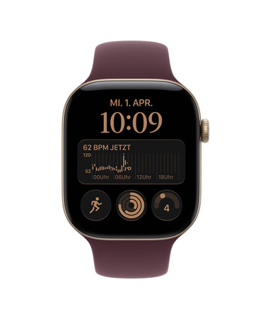 Apple Watch Series 12, Aluminiumgehäuse, Farbe Lichtgold, Herzfrequenz App, HFV mittel 72 ms, Sportarmband, Farbe Bordeaux